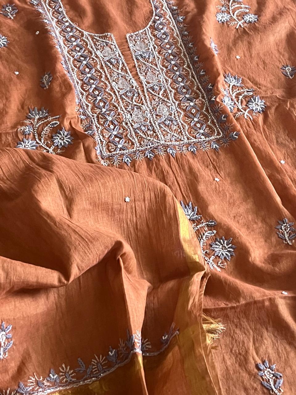 Mul Chanderi Handwork Chikankari Kurta Dupatta - Caramel