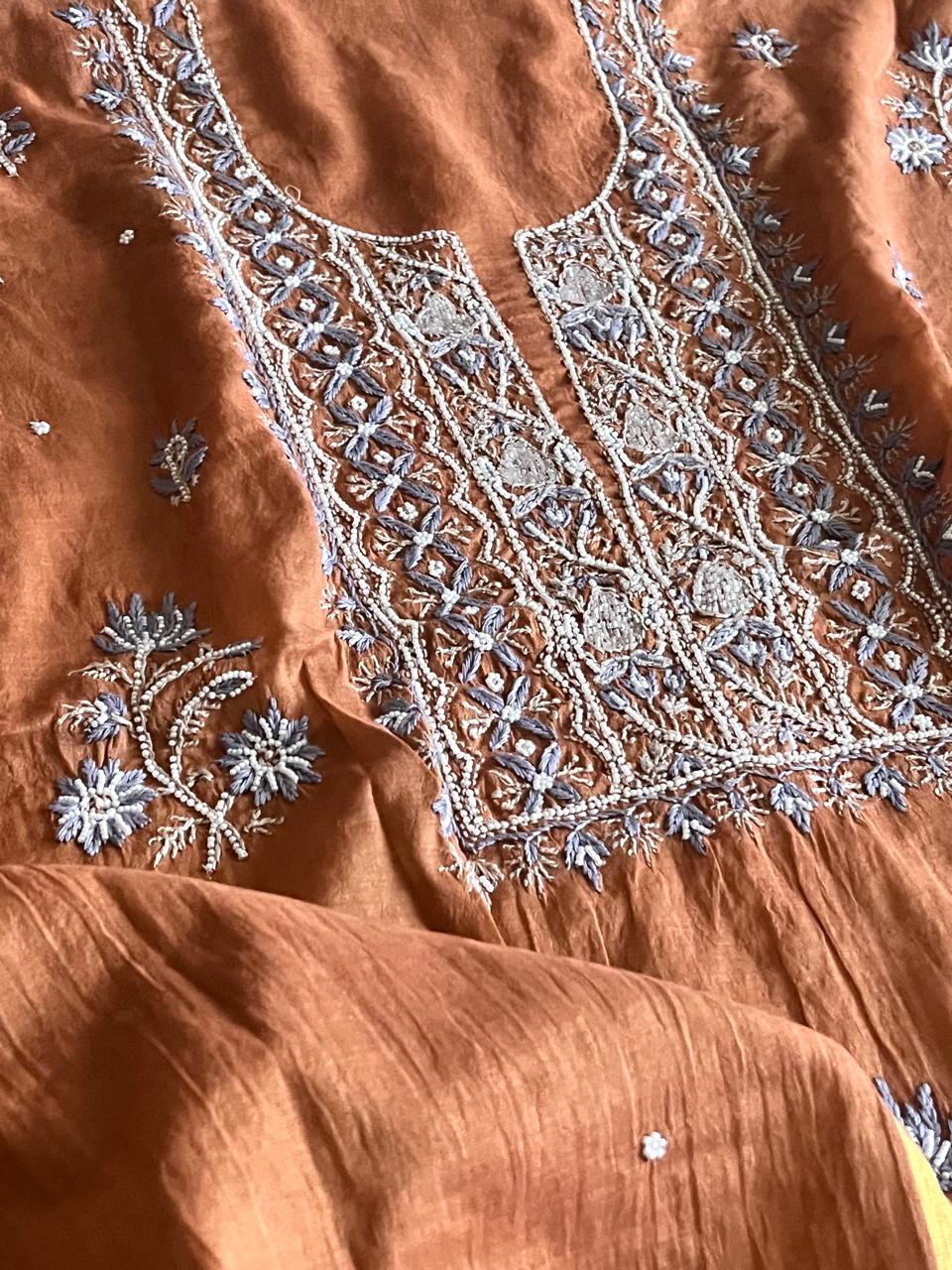 Mul Chanderi Handwork Chikankari Kurta Dupatta - Caramel