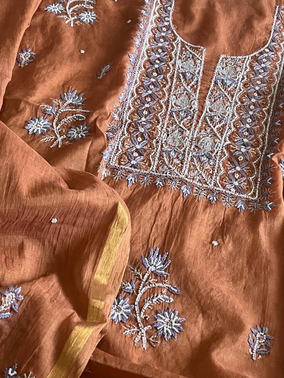 Mul Chanderi Handwork Chikankari Kurta Dupatta - Caramel