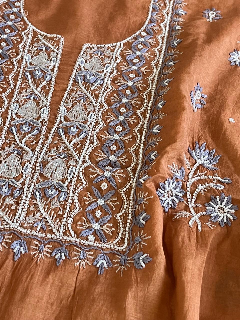 Mul Chanderi Handwork Chikankari Kurta Dupatta - Caramel
