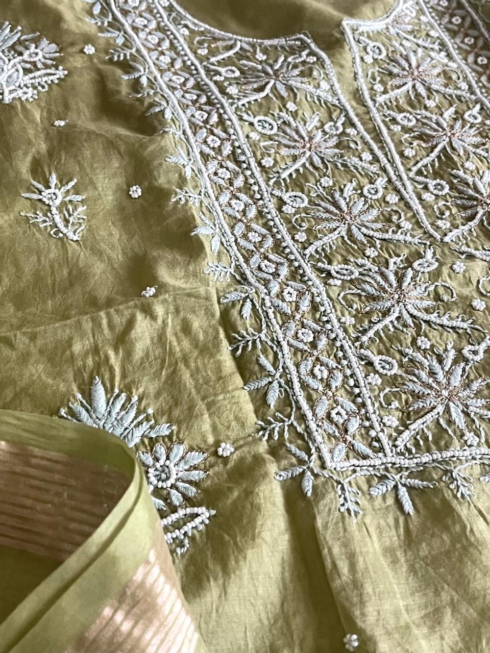 Mul Chanderi Handwork Chikankari Kurta Dupatta - Green
