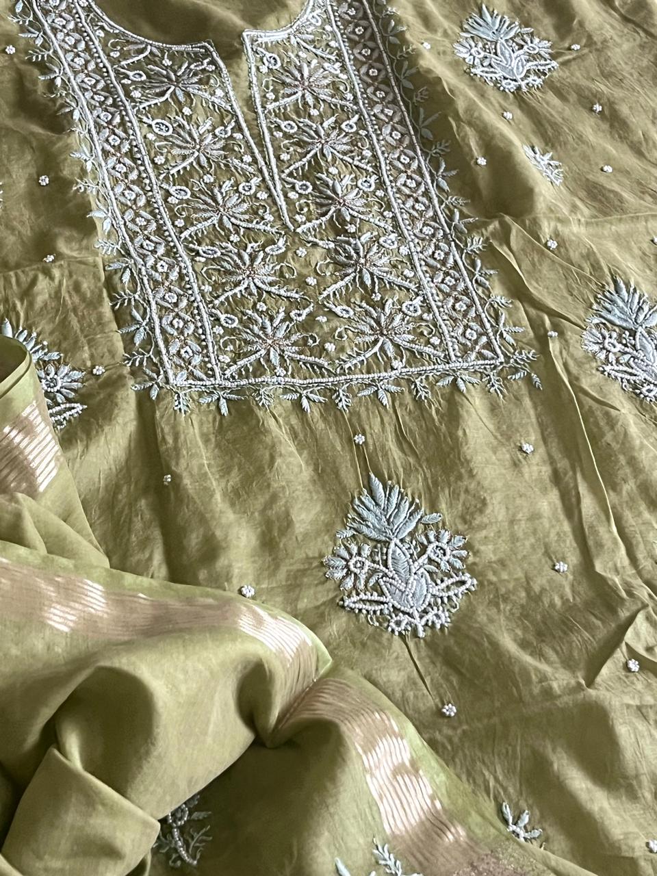 Mul Chanderi Handwork Chikankari Kurta Dupatta - Green