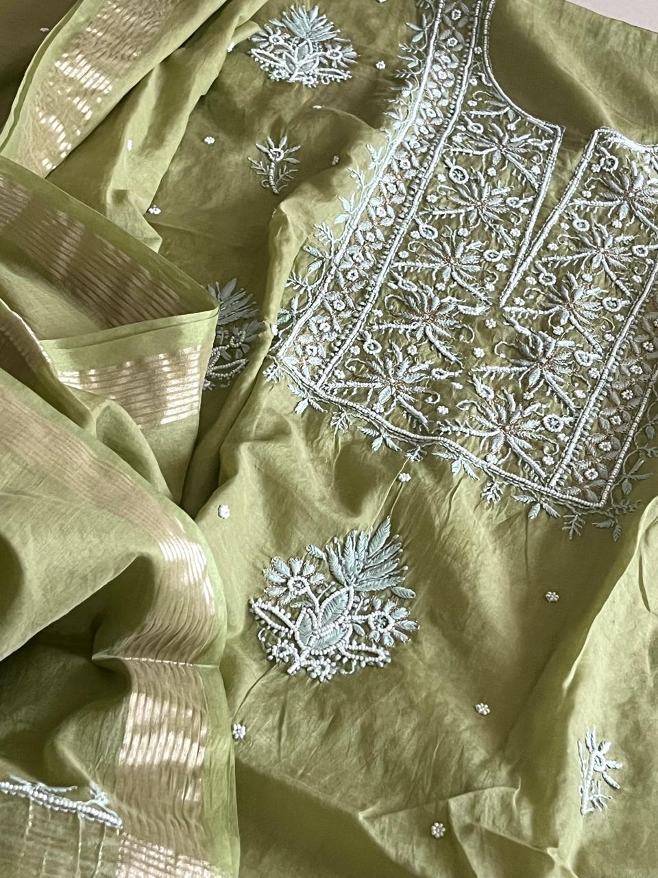 Mul Chanderi Handwork Chikankari Kurta Dupatta - Green