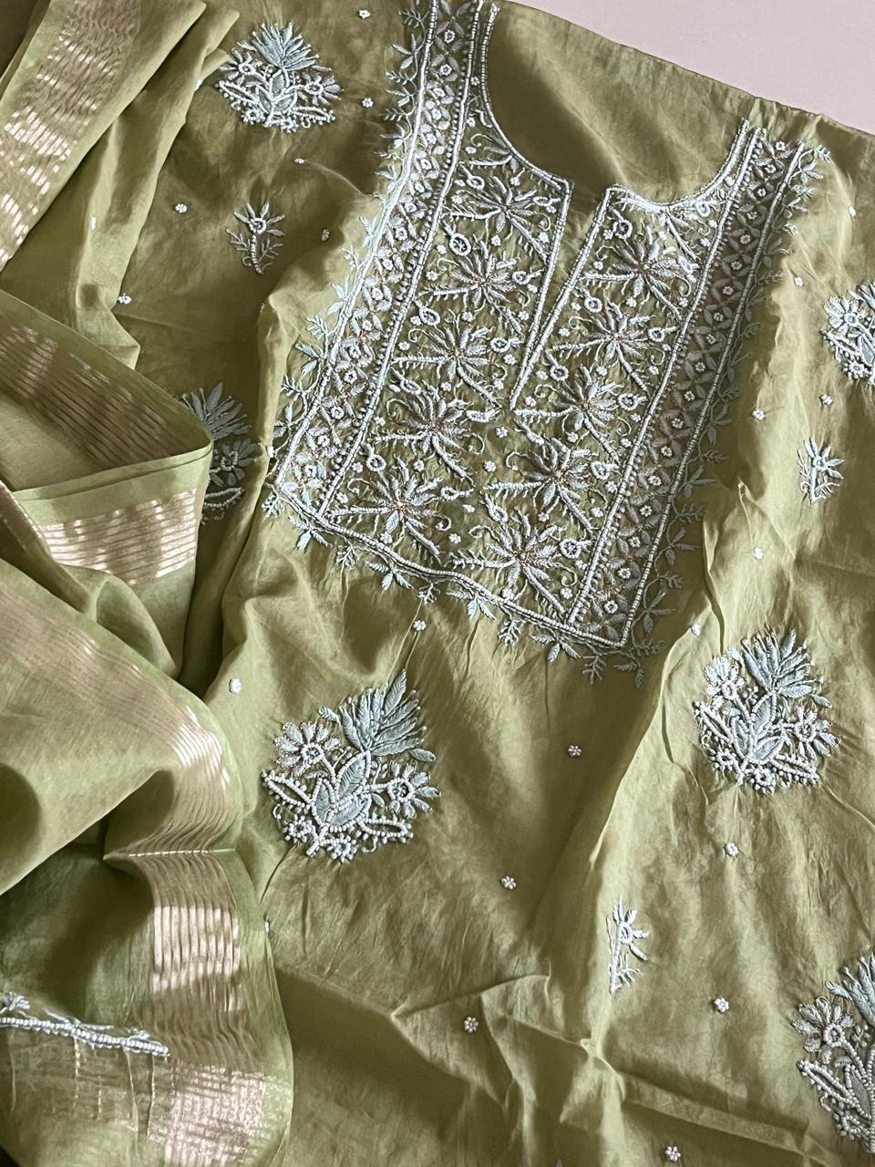 Mul Chanderi Handwork Chikankari Kurta Dupatta - Green