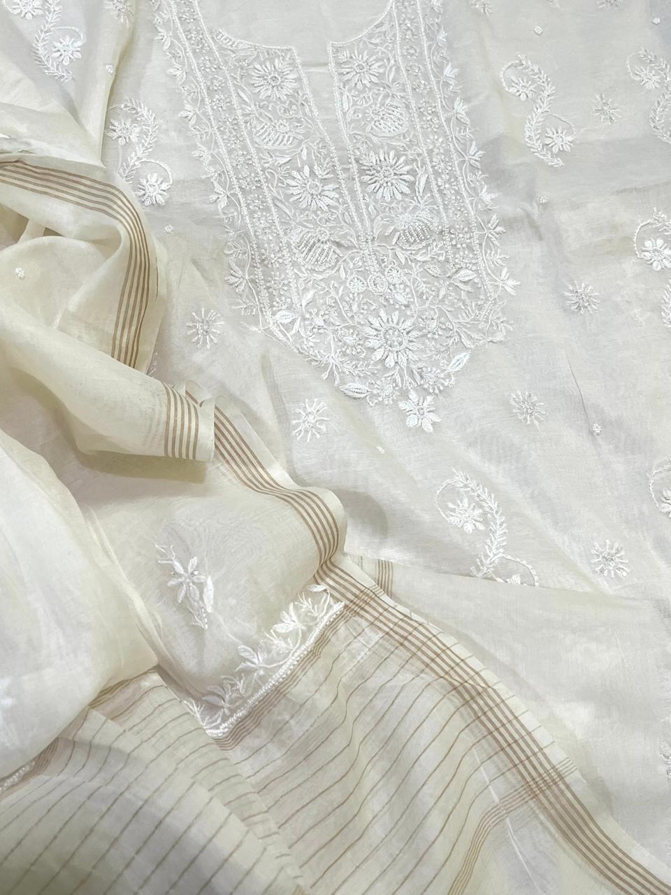 Mul Chanderi Handwork Chikankari Kurta Dupatta - Off White