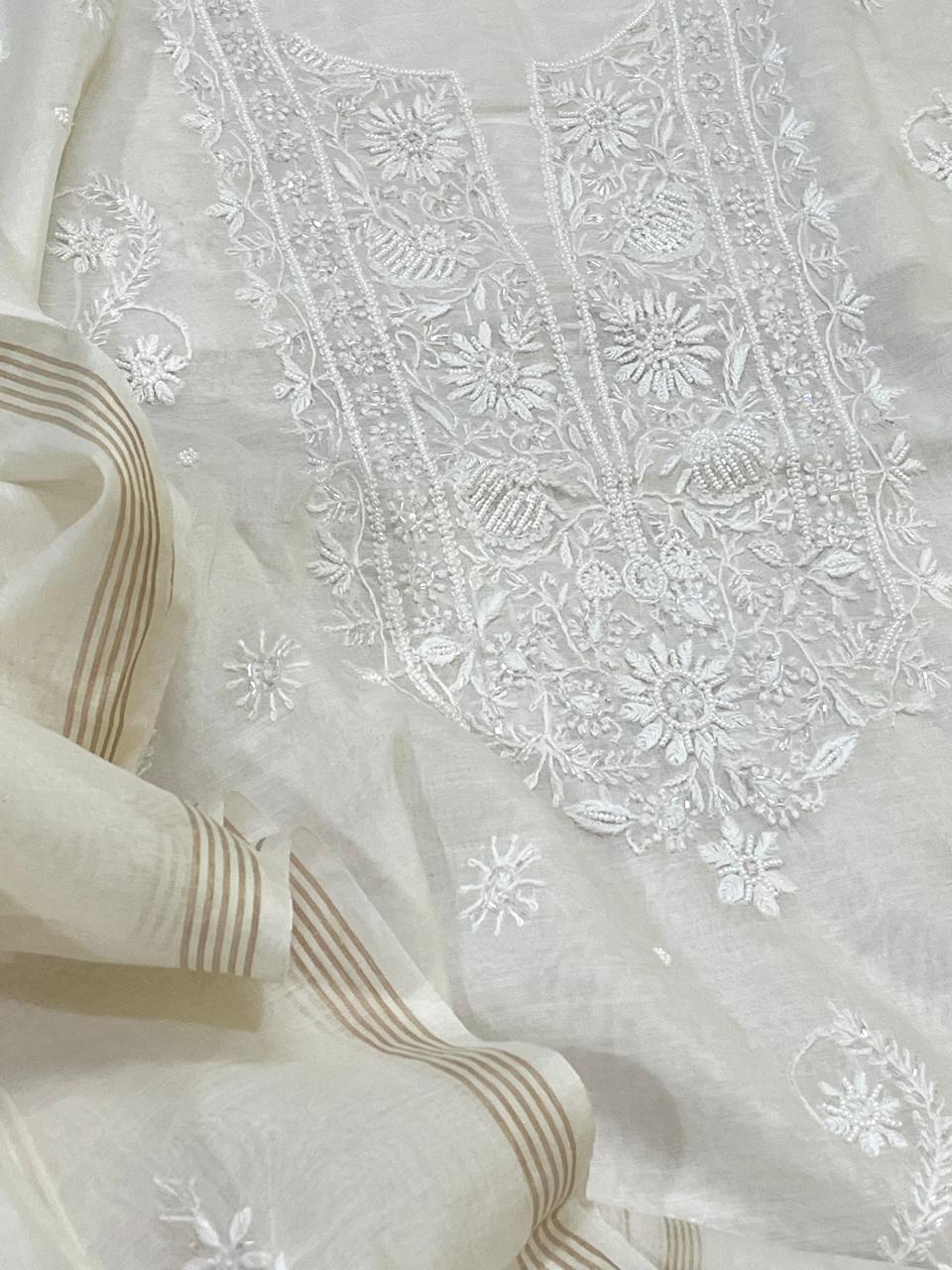 Mul Chanderi Handwork Chikankari Kurta Dupatta - Off White
