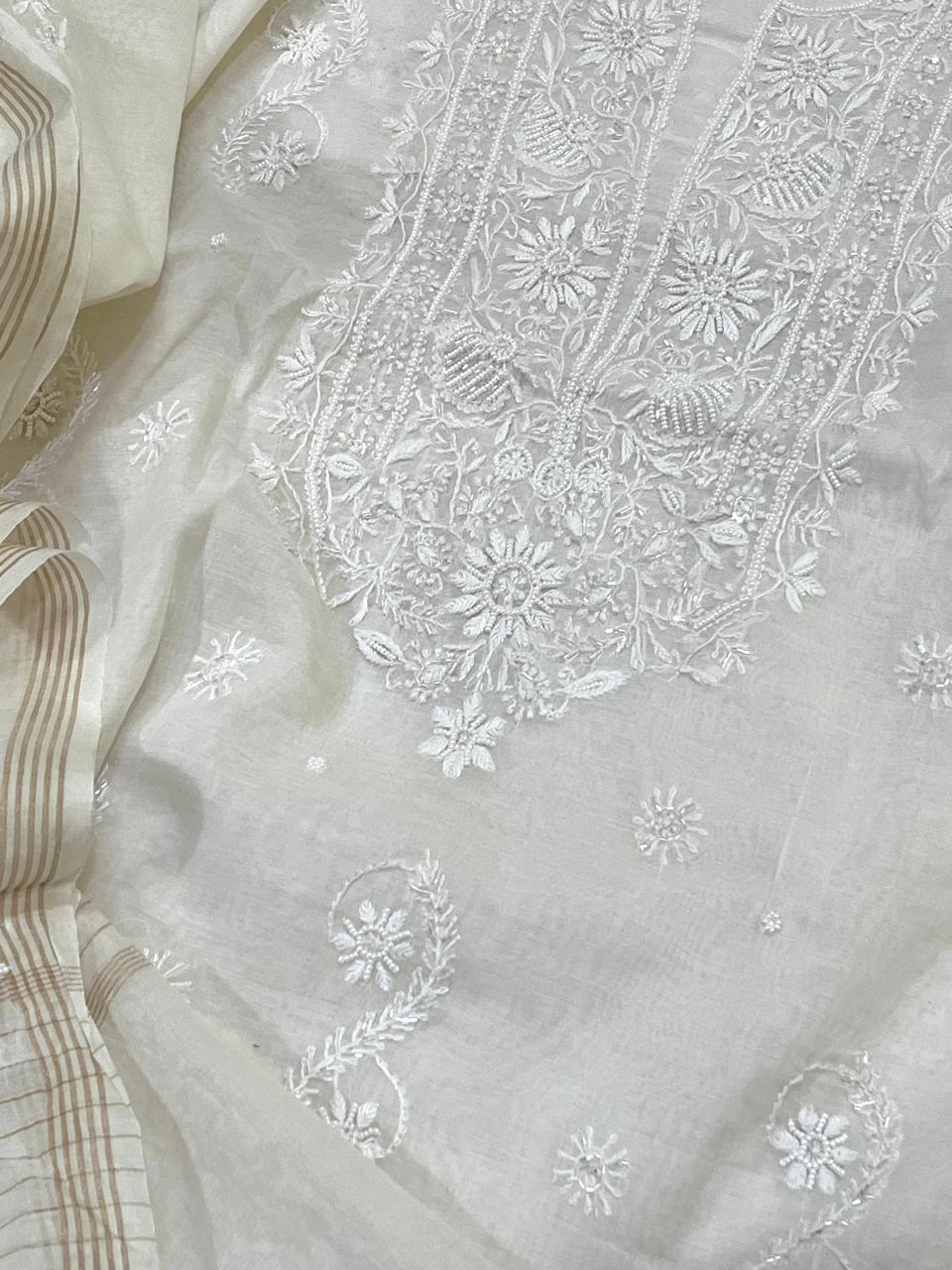 Mul Chanderi Handwork Chikankari Kurta Dupatta - Off White