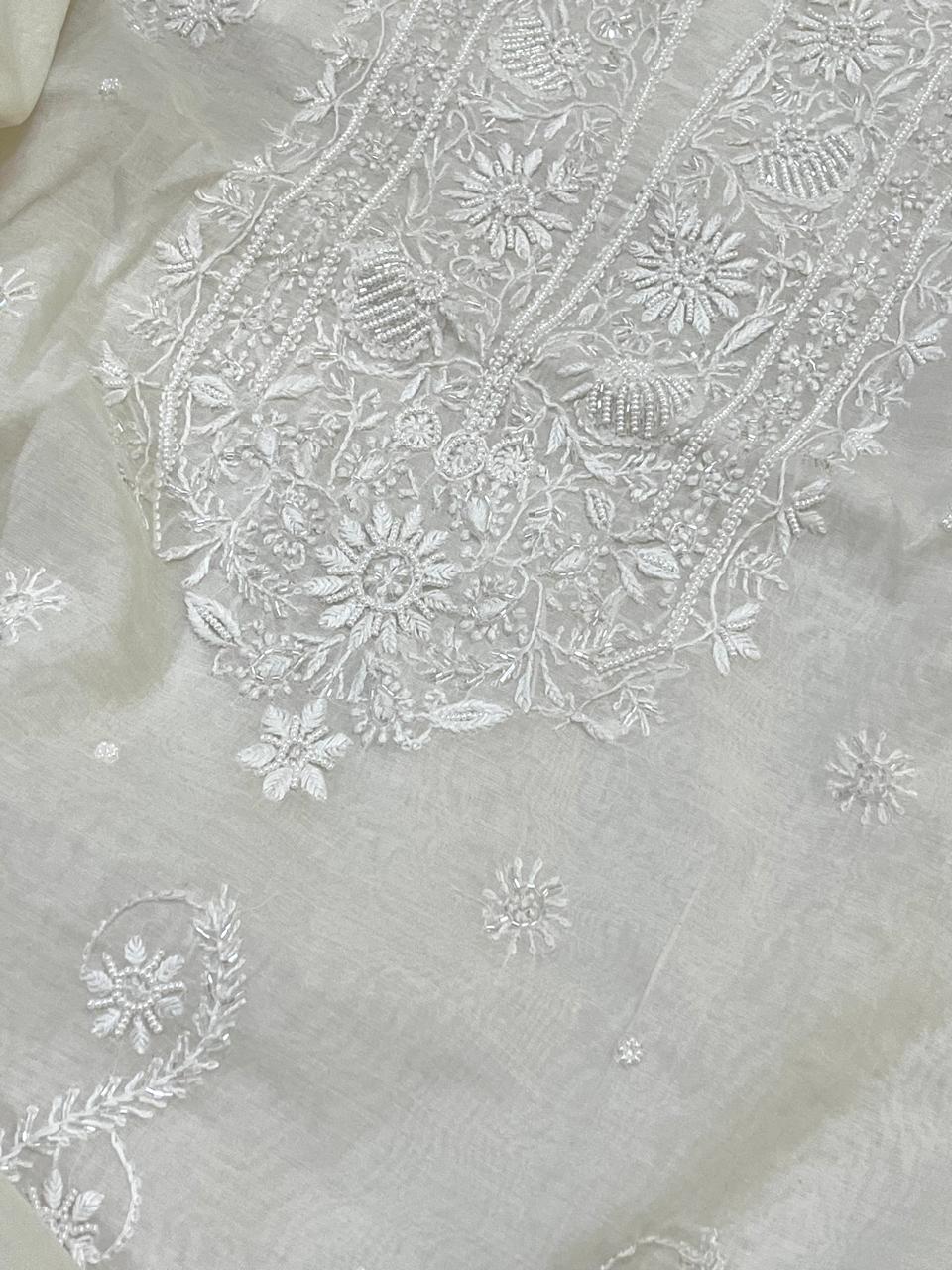 Mul Chanderi Handwork Chikankari Kurta Dupatta - Off White