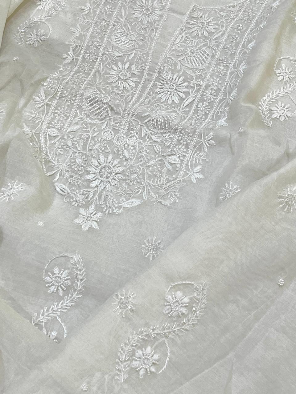 Mul Chanderi Handwork Chikankari Kurta Dupatta - Off White