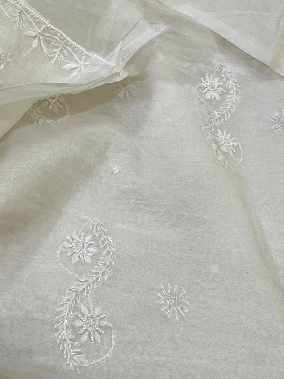 Mul Chanderi Handwork Chikankari Kurta Dupatta - Off White