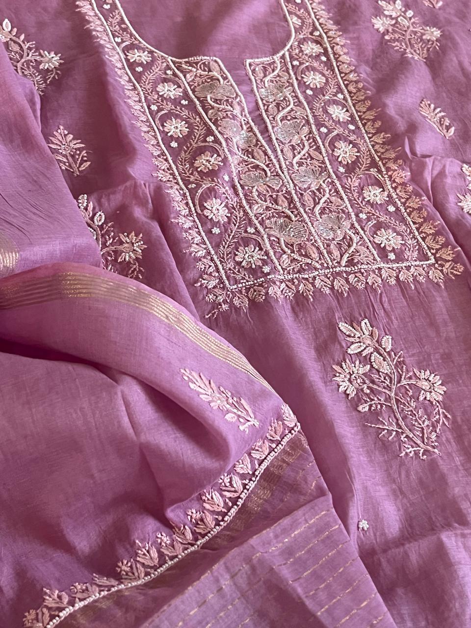 Mul Chanderi Handwork Chikankari Kurta Dupatta - Purple