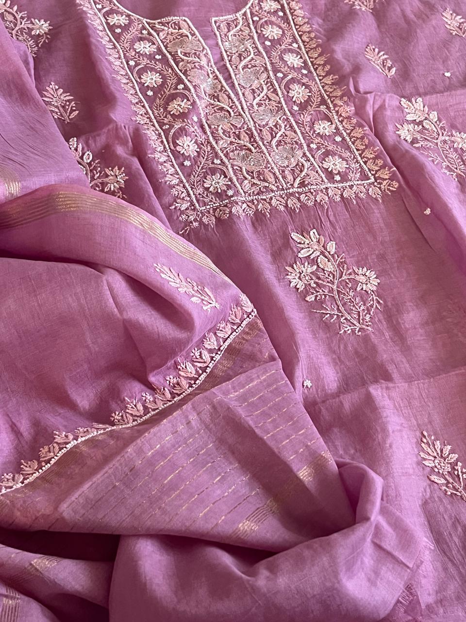 Mul Chanderi Handwork Chikankari Kurta Dupatta - Purple