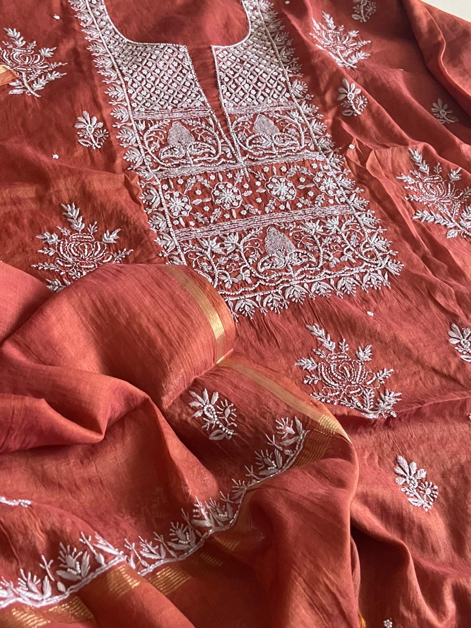 Mul Chanderi Handwork Chikankari Kurta Dupatta - Rust Brown