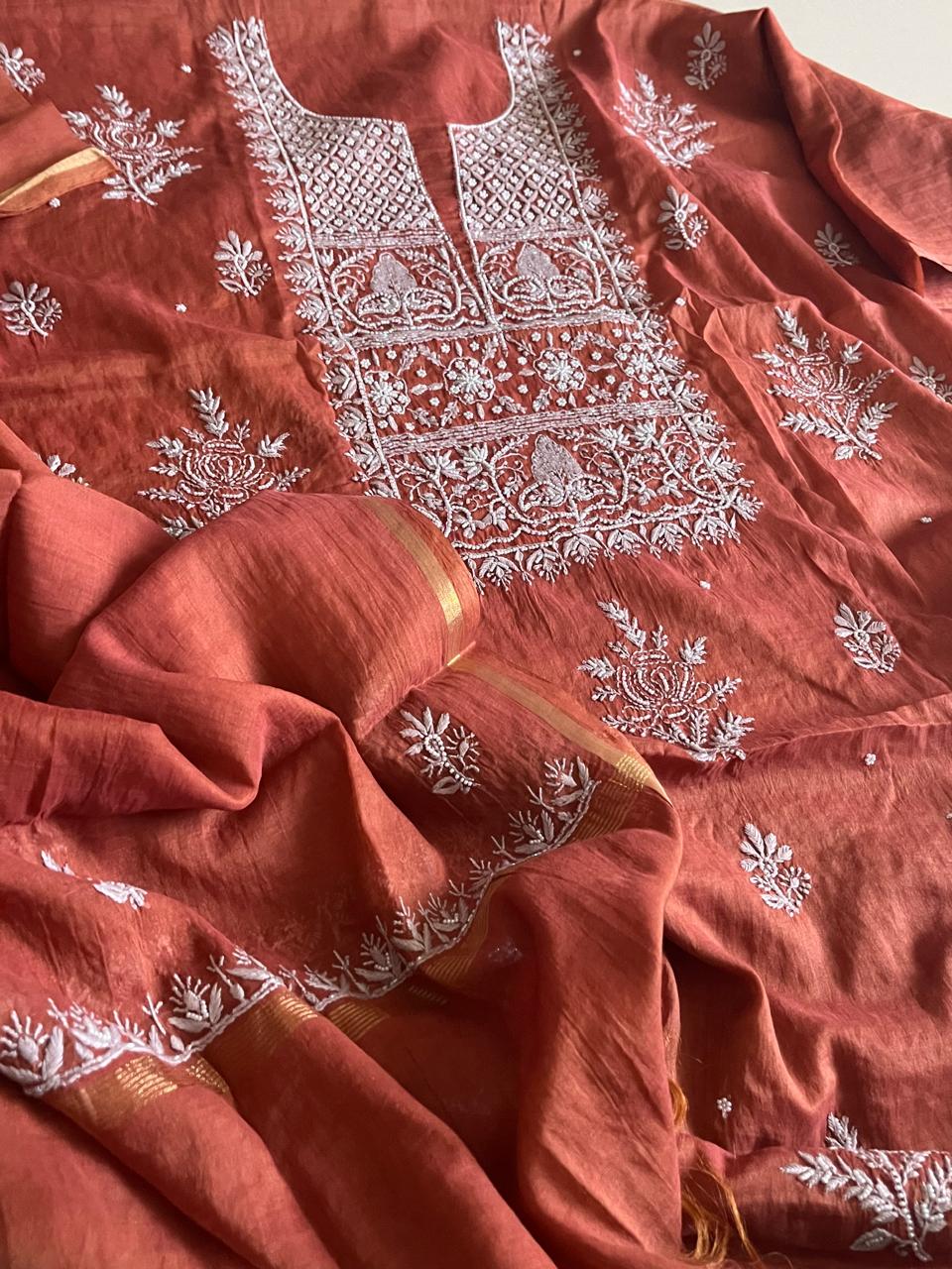 Mul Chanderi Handwork Chikankari Kurta Dupatta - Rust Brown
