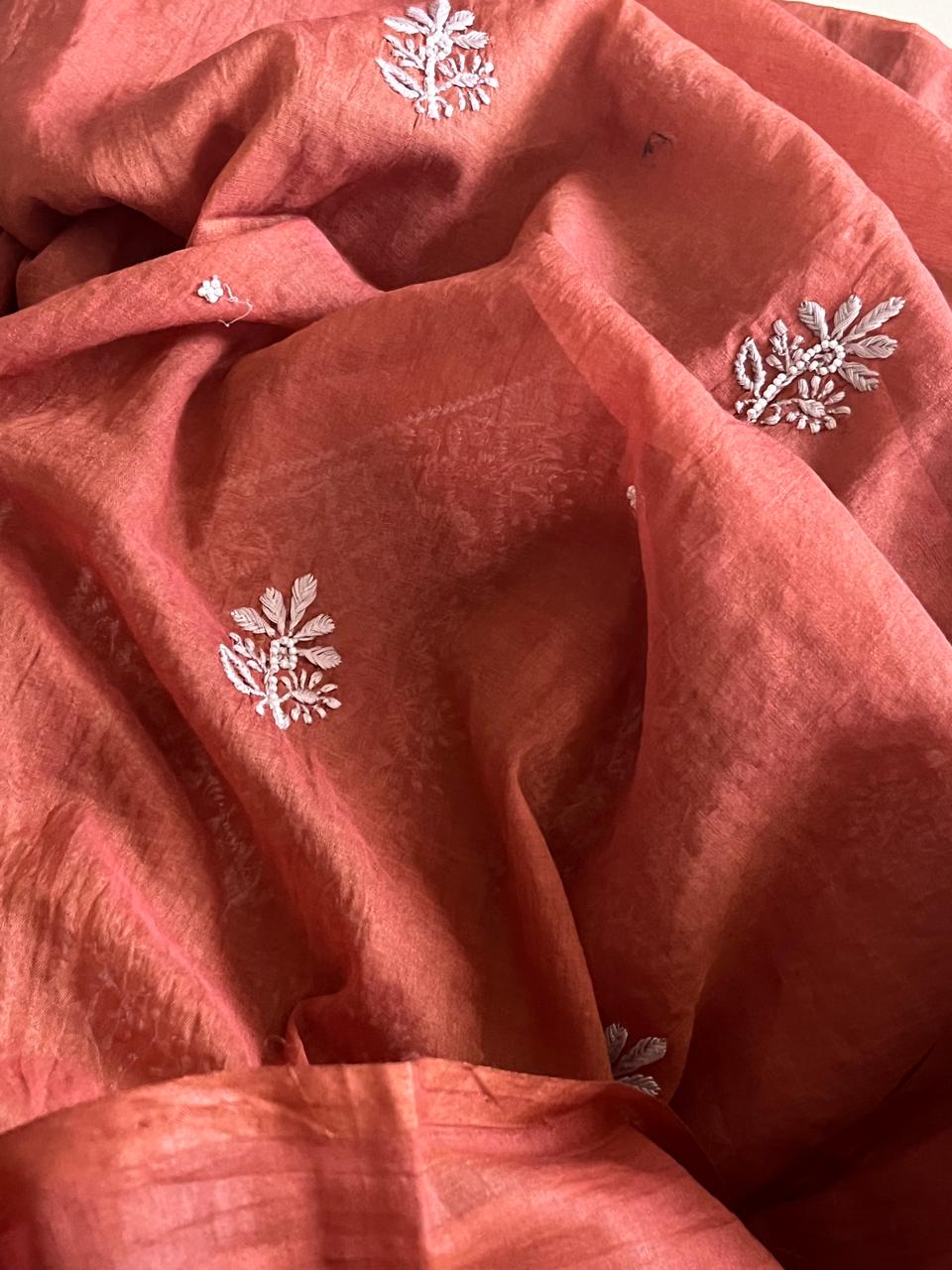 Mul Chanderi Handwork Chikankari Kurta Dupatta - Rust Brown