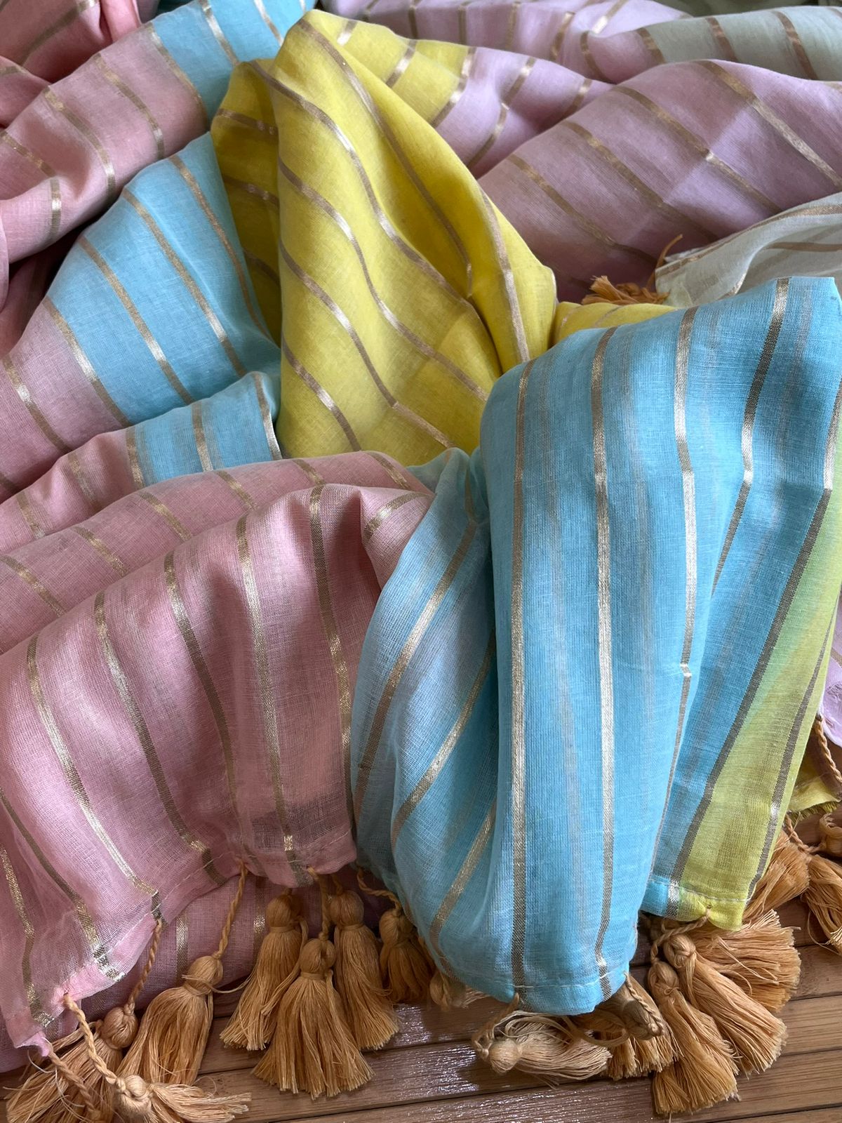 Soft and comfortable Pure Mul Mul Sarees with Zari Stripes - Beige Multicolour