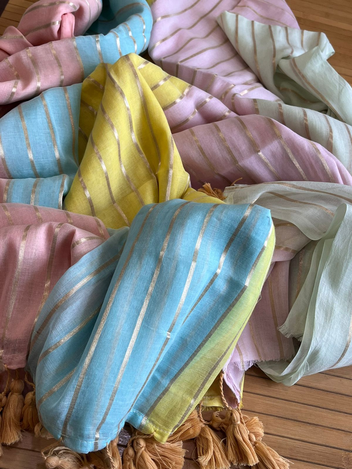 Soft and comfortable Pure Mul Mul Sarees with Zari Stripes - Beige Multicolour