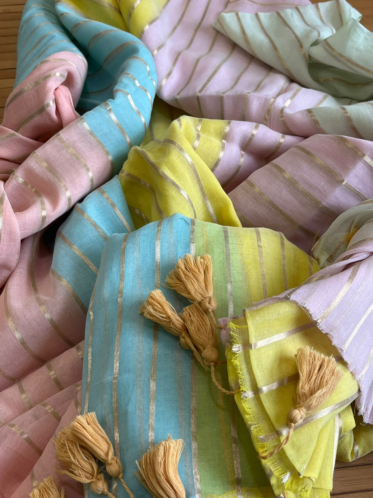 Soft and comfortable Pure Mul Mul Sarees with Zari Stripes - Beige Multicolour