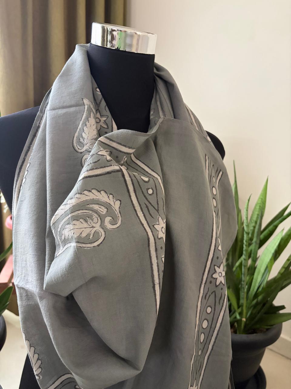 Pure Mul Mul Handblock Printed Stoles with Tassels - Grey