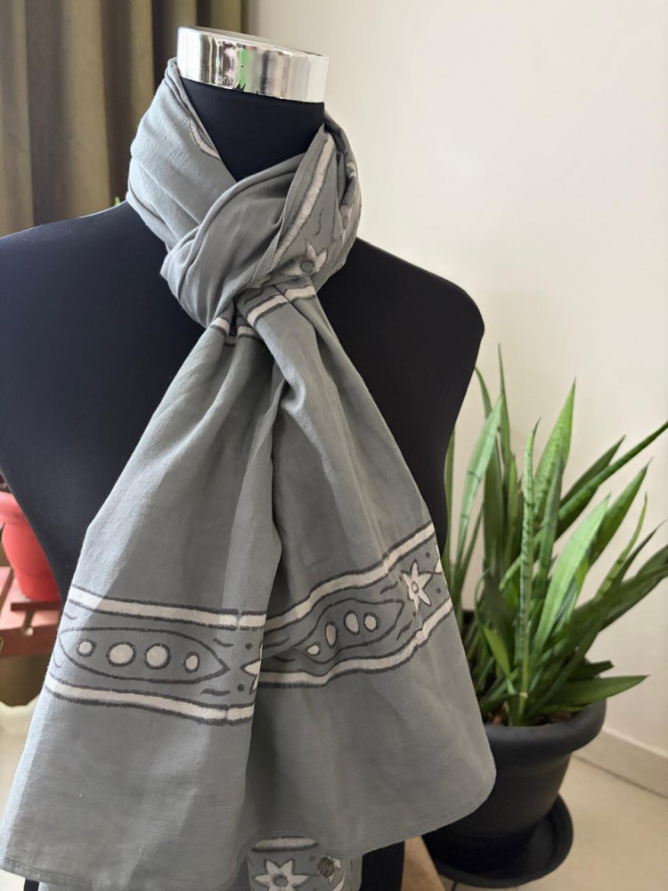 Image of Pure Mul Mul Handblock Printed Stoles with Tassels - Grey