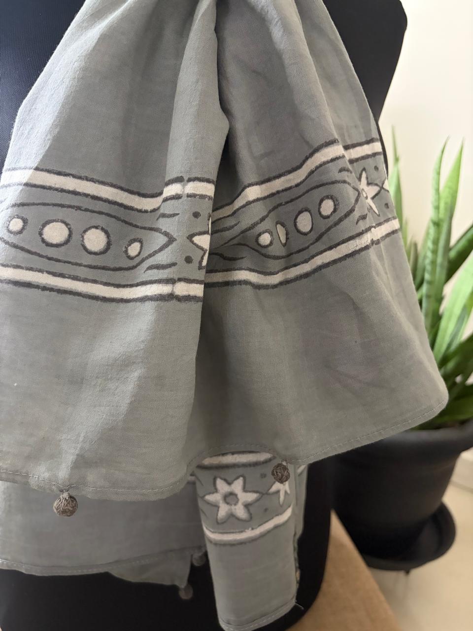 Pure Mul Mul Handblock Printed Stoles with Tassels - Grey