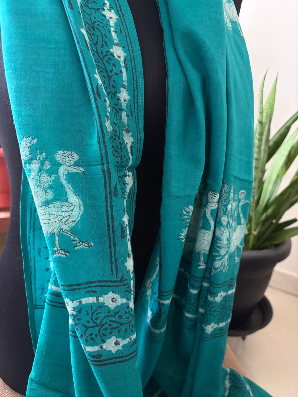 Pure Mul Mul Handblock Printed Stoles with Tassels - Turquoise
