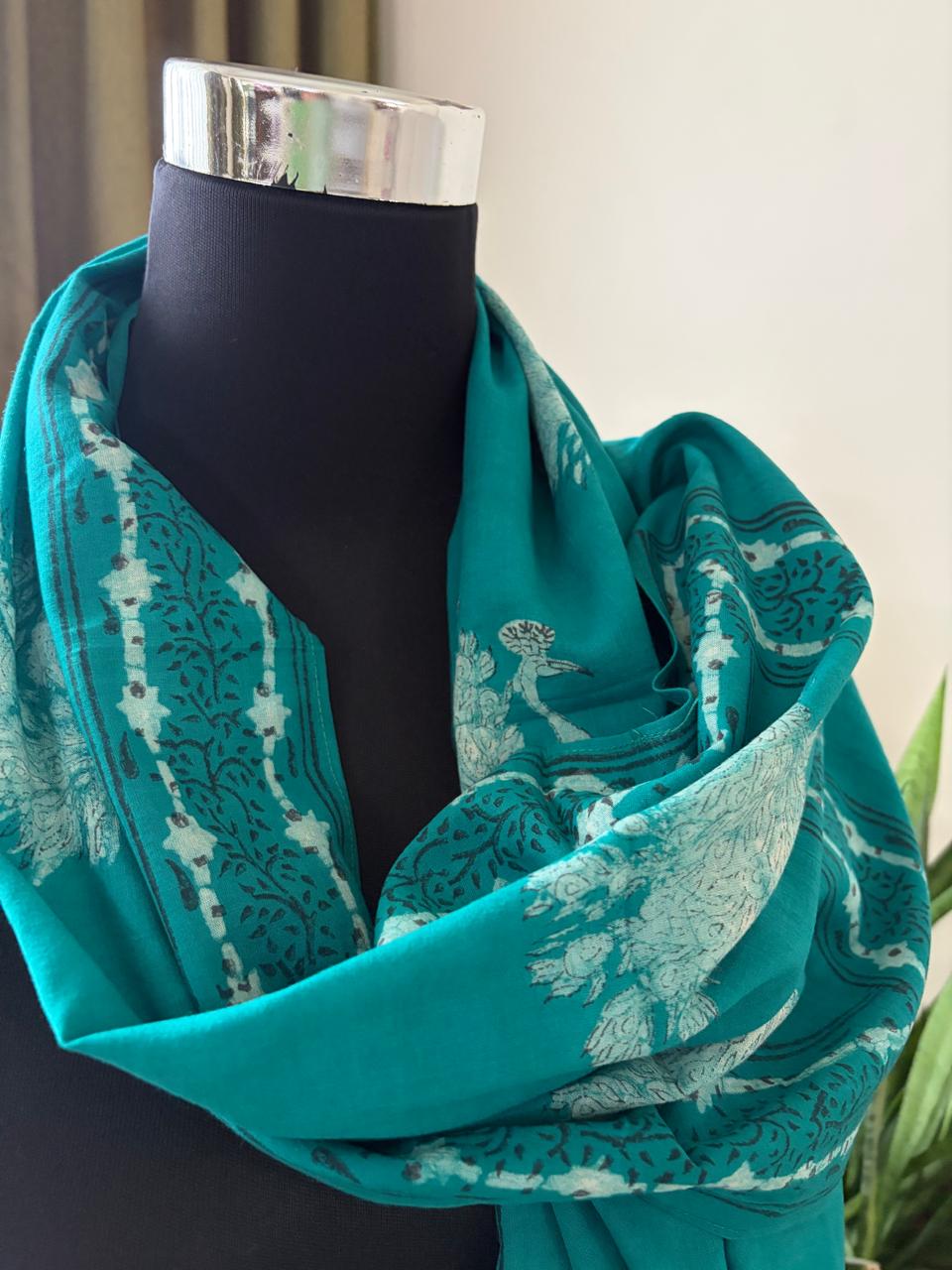 Pure Mul Mul Handblock Printed Stoles with Tassels - Turquoise