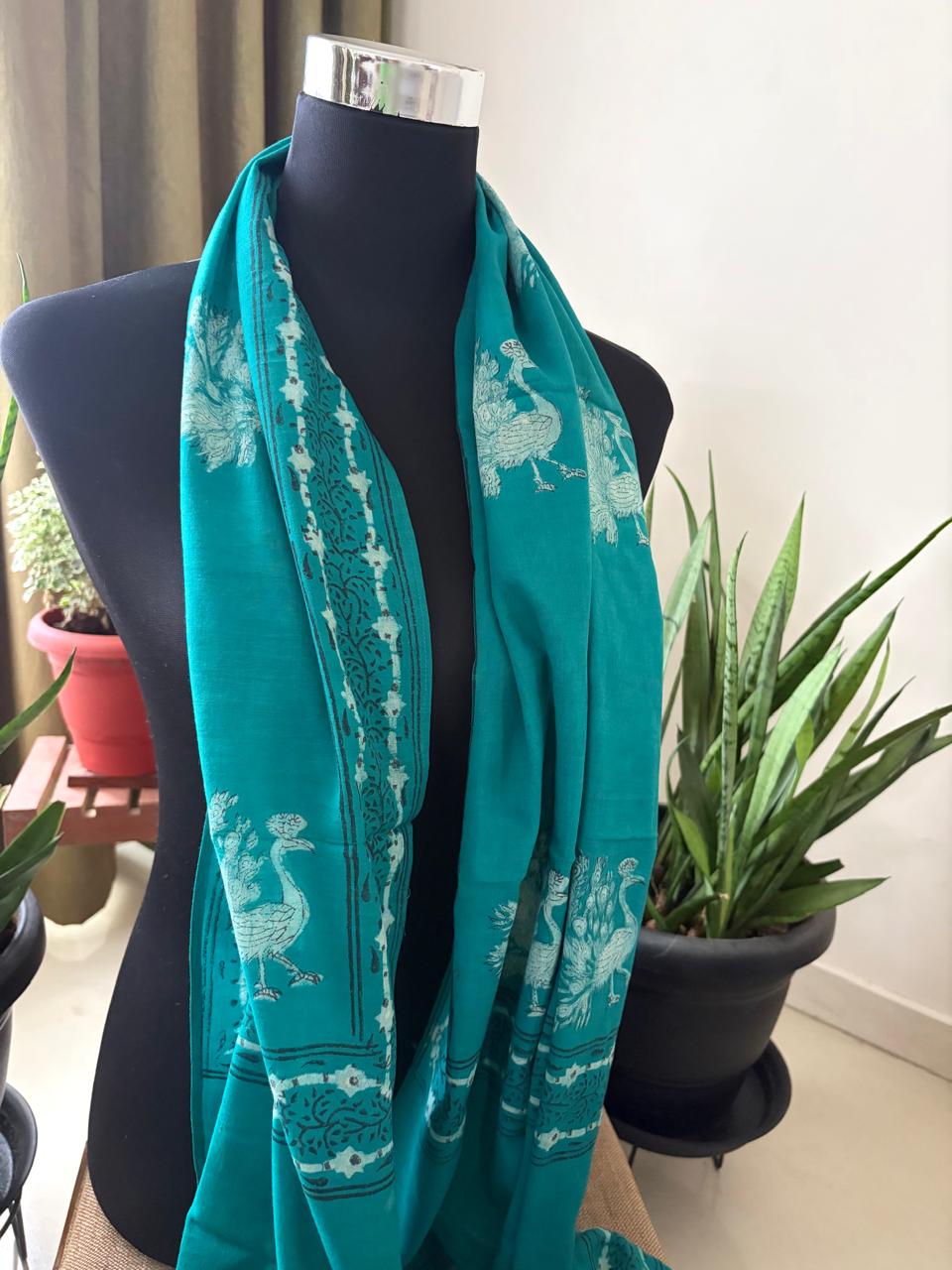 Pure Mul Mul Handblock Printed Stoles with Tassels - Turquoise