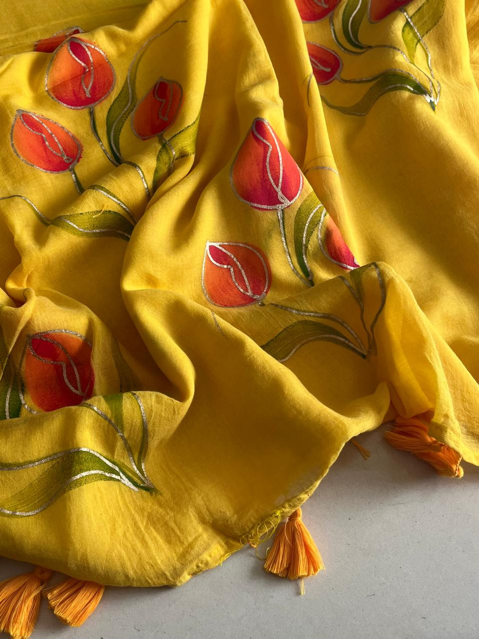 Mul Mul Supersoft Saree With Handpainting -  Yellow