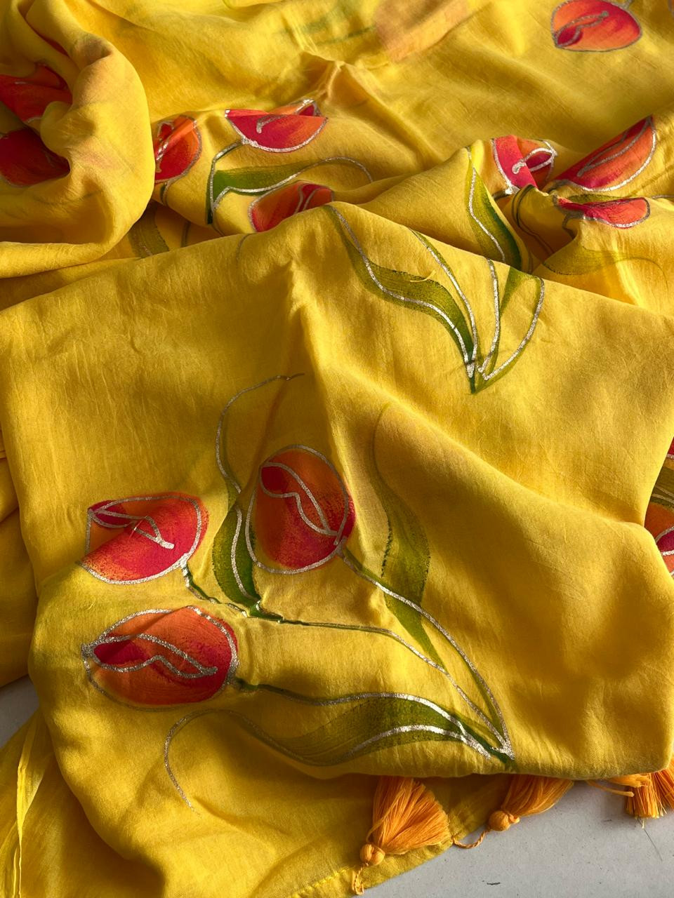 Mul Mul Supersoft Saree With Handpainting -  Yellow