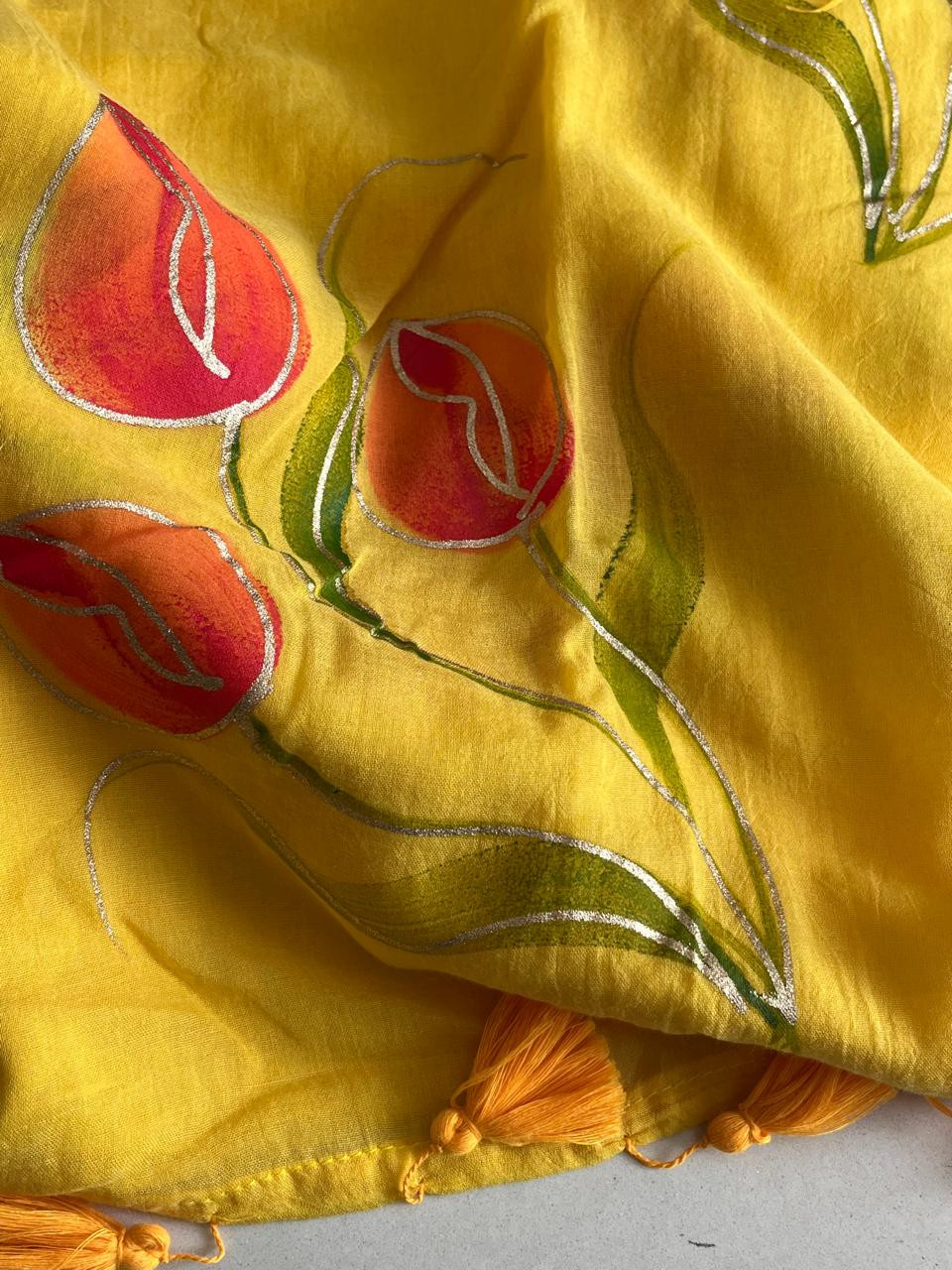 Mul Mul Supersoft Saree With Handpainting - Yellow