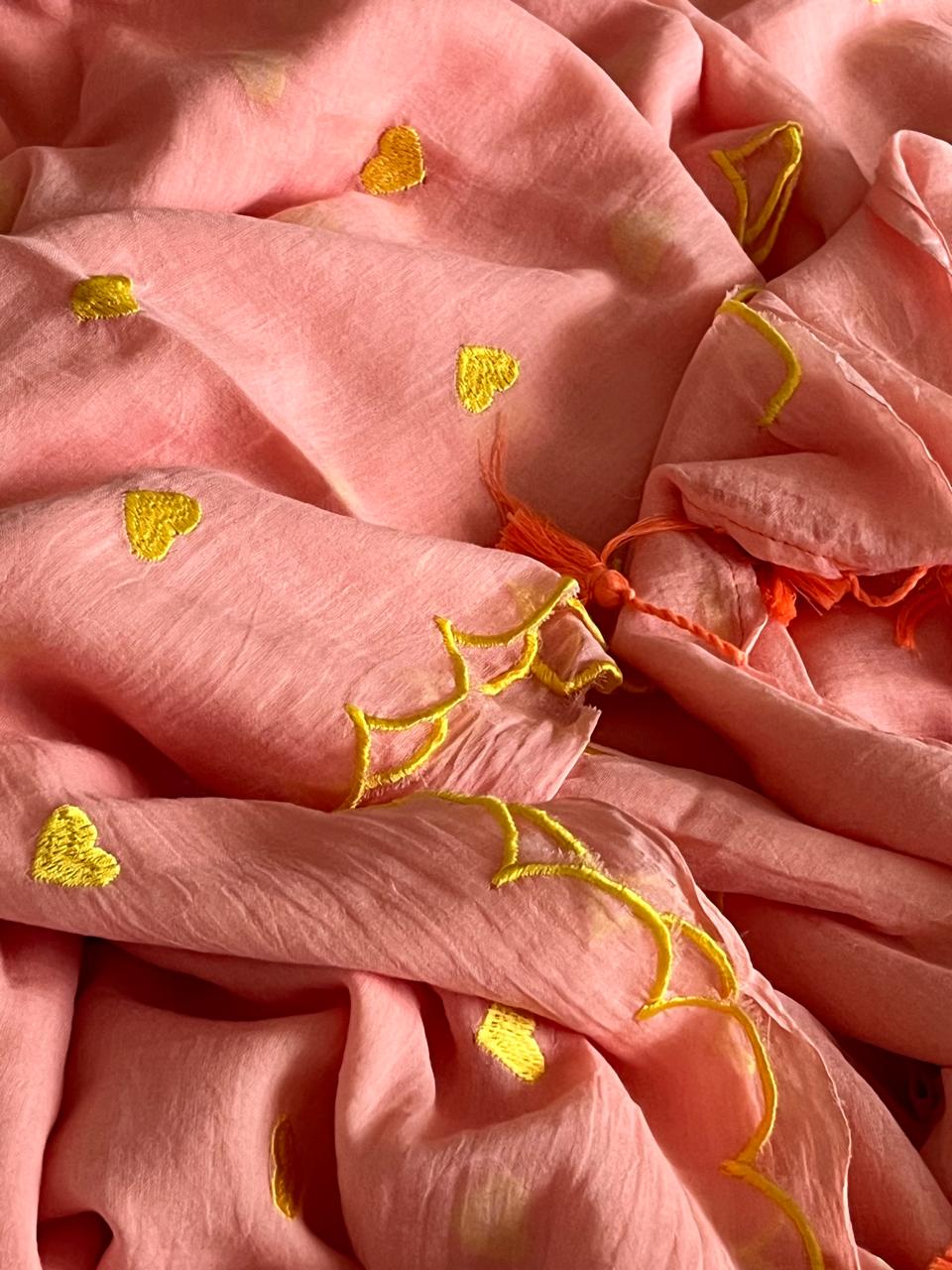 Soft and comfortable Pure Mul Mul Sarees with embroidered Hearts - Peach