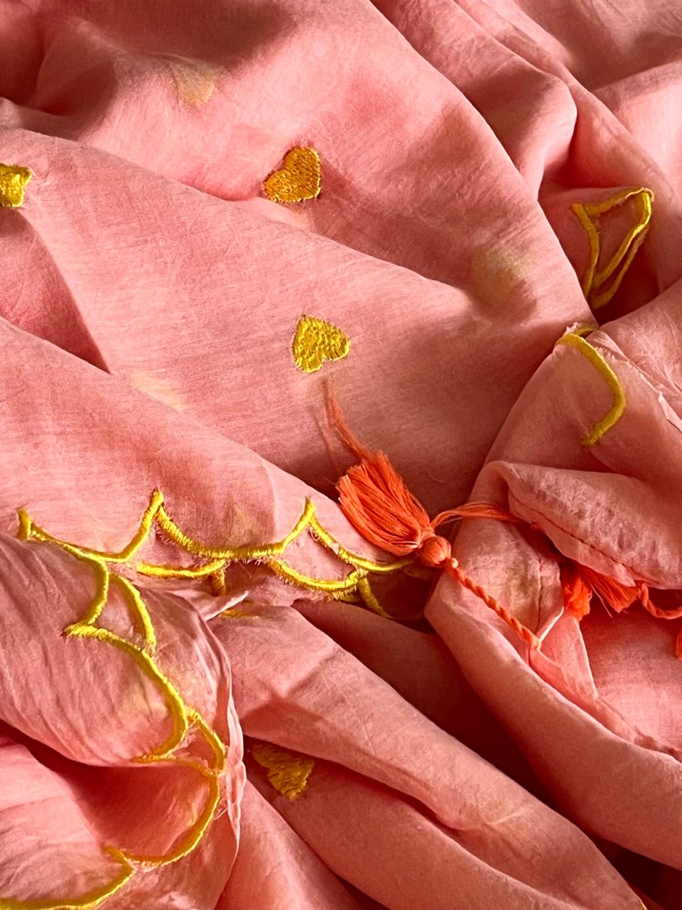 Soft and comfortable Pure Mul Mul Sarees with embroidered Hearts - Peach