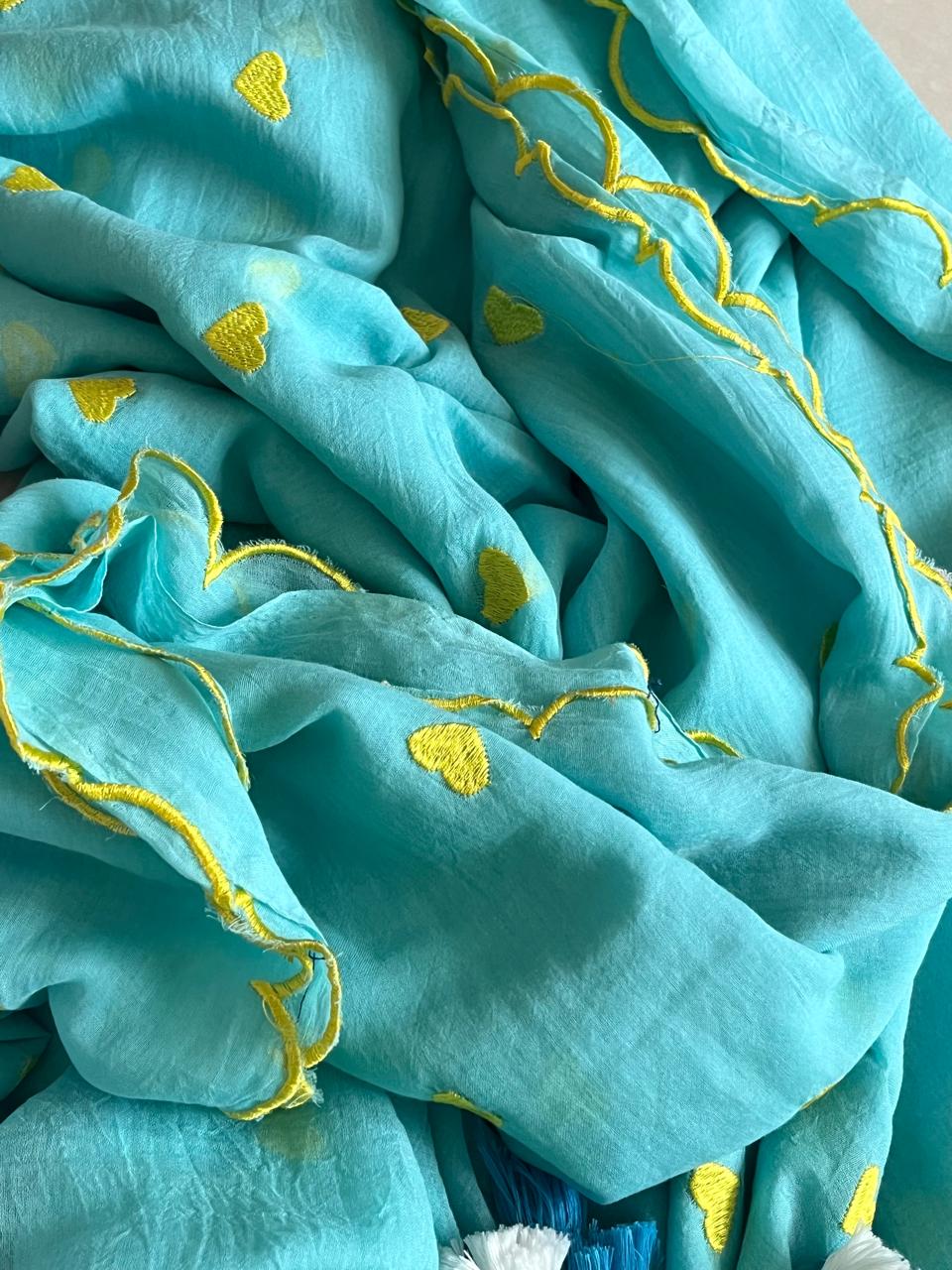 Soft and comfortable Pure Mul Mul Sarees with embroidered Hearts - Sky Blue