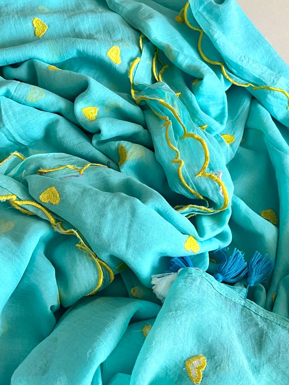 Soft and comfortable Pure Mul Mul Sarees with embroidered Hearts - Sky Blue