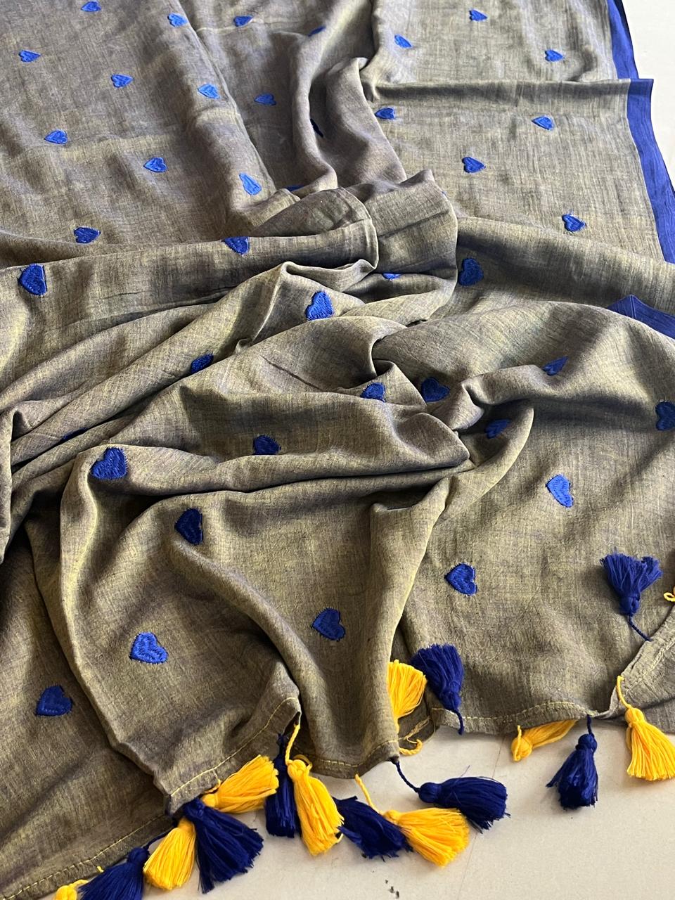 Soft and comfortable Pure Mul Mul Sarees with embroidered Hearts - Bronze Grey