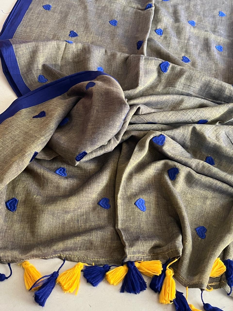 Soft and comfortable Pure Mul Mul Sarees with embroidered Hearts - Bronze Grey