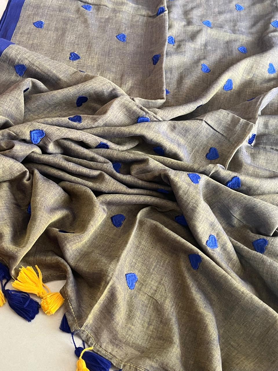 Soft and comfortable Pure Mul Mul Sarees with embroidered Hearts - Bronze Grey