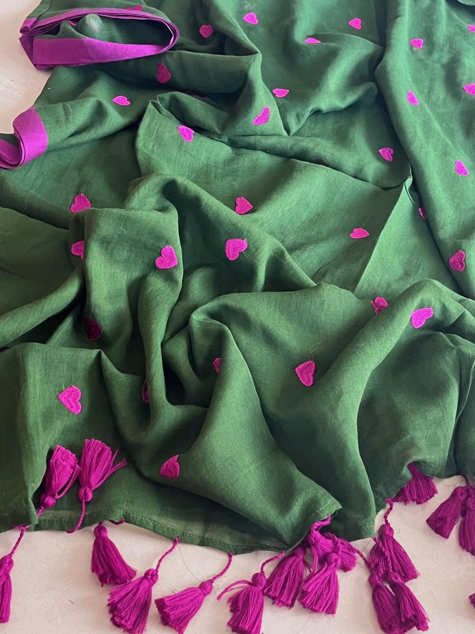 Soft and comfortable Pure Mul Mul Sarees with embroidered Hearts - Green