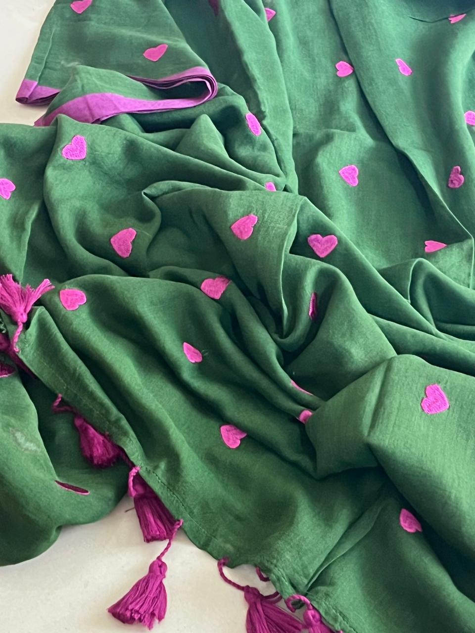 Soft and comfortable Pure Mul Mul Sarees with embroidered Hearts - Green