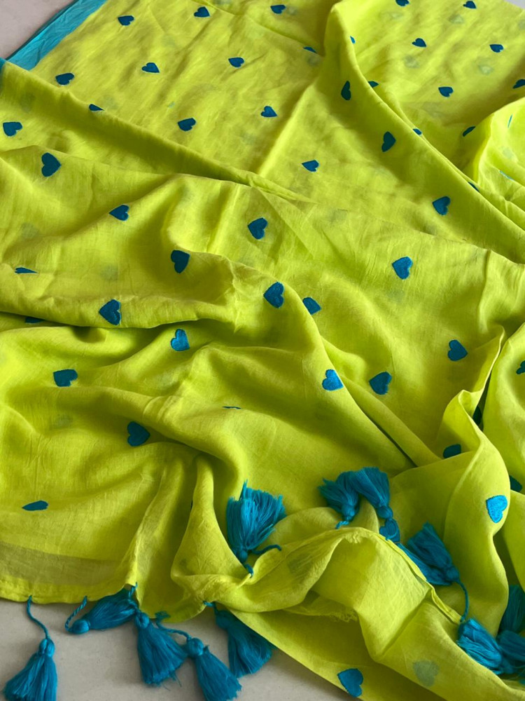Image of Soft and comfortable Pure Mul Mul Sarees with embroidered Hearts - Lime Green