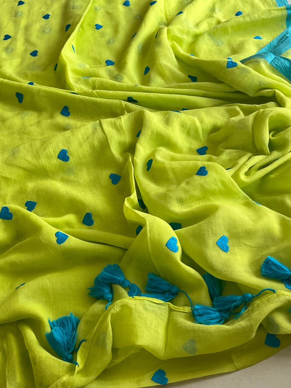 Soft and comfortable Pure Mul Mul Sarees with embroidered Hearts - Lime Green