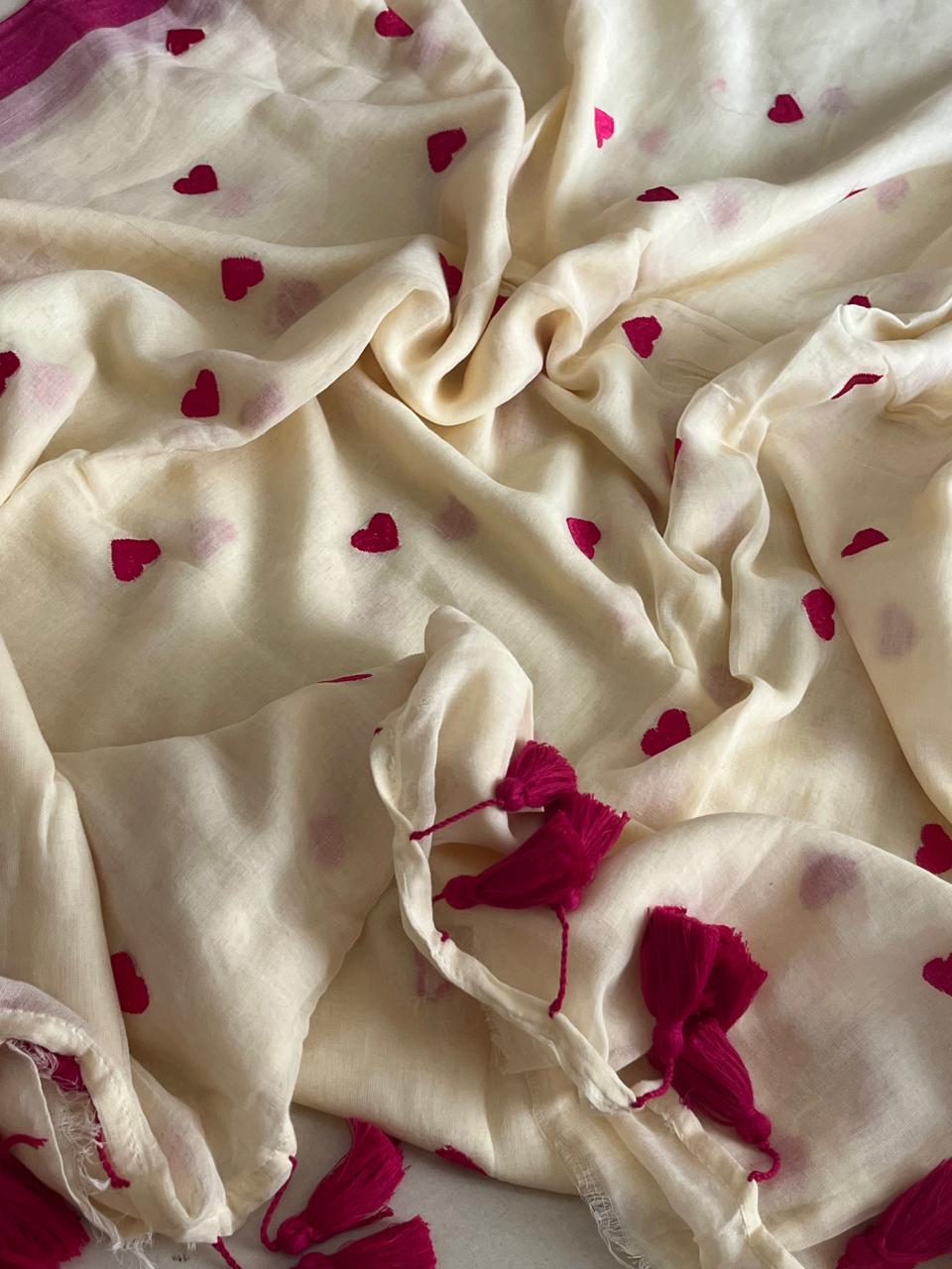 Soft and comfortable Pure Mul Mul Sarees with embroidered Hearts - Moon White