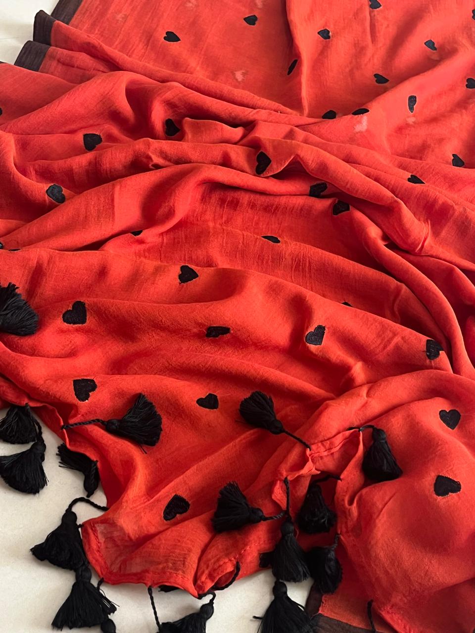 Soft and comfortable Pure Mul Mul Sarees with embroidered Hearts - Orange