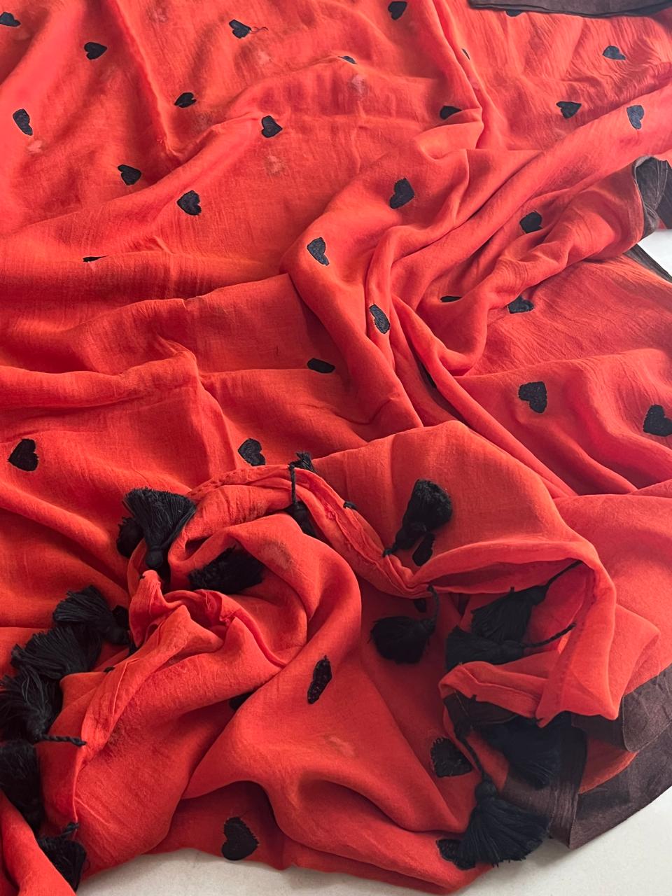 Soft and comfortable Pure Mul Mul Sarees with embroidered Hearts - Orange