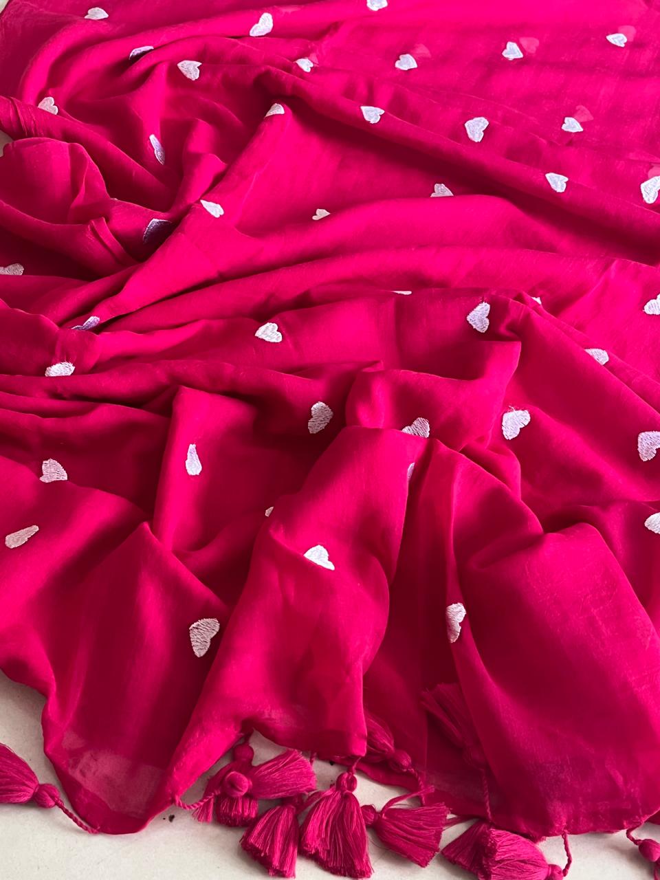 Soft and comfortable Pure Mul Mul Sarees with embroidered Hearts - Pink