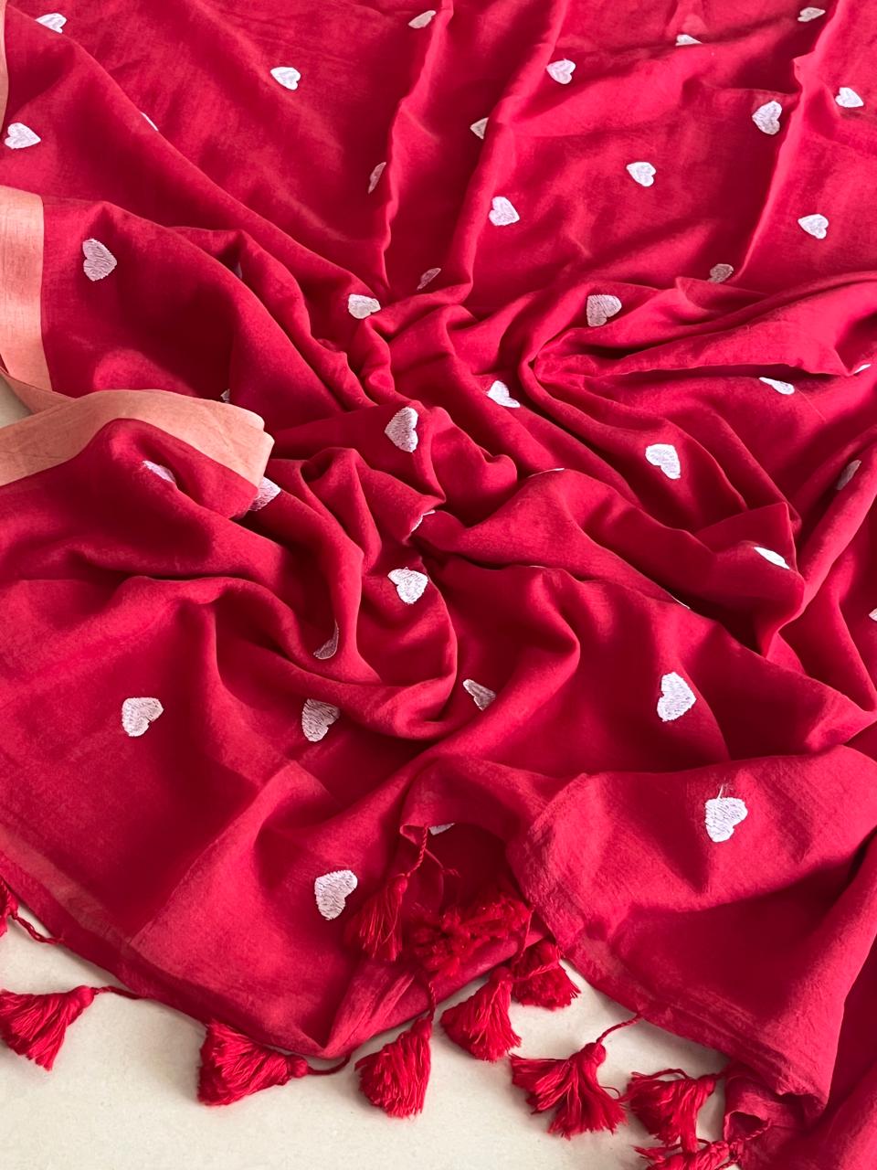 Soft and comfortable Pure Mul Mul Sarees with embroidered Hearts - Red