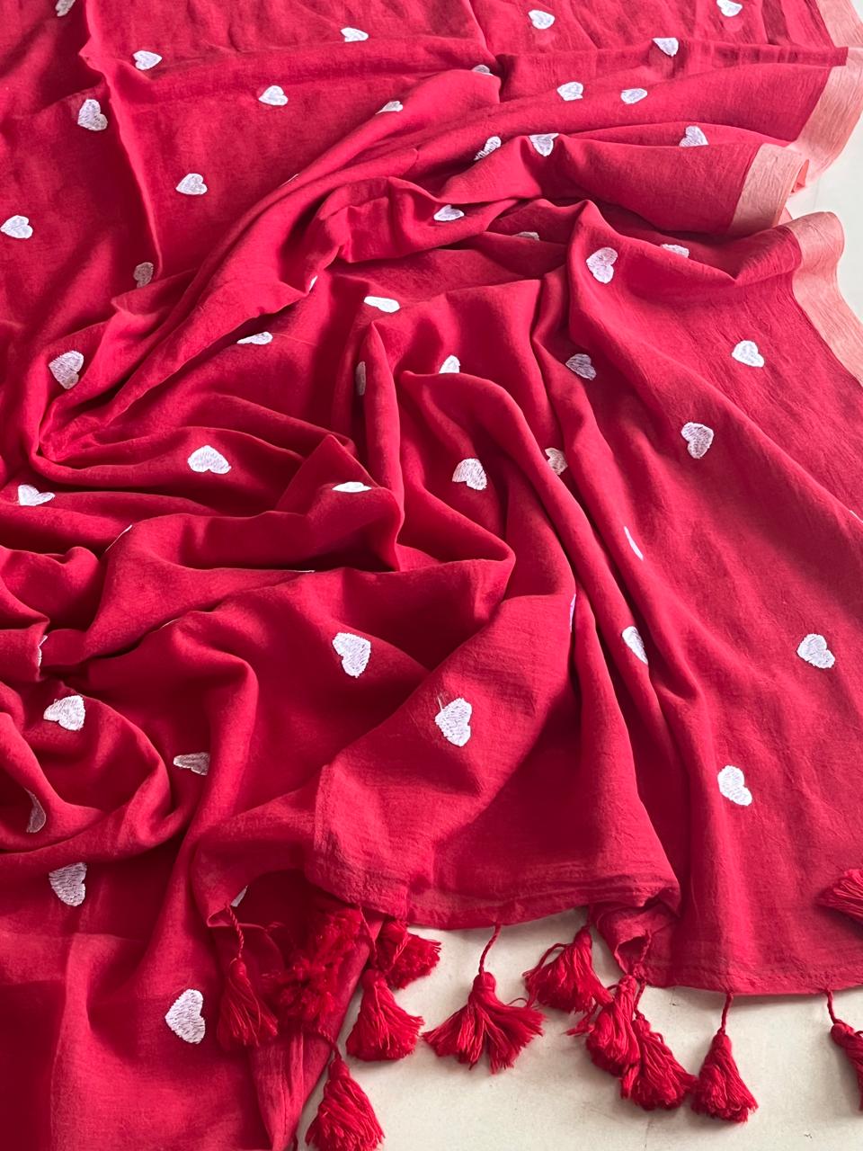 Soft and comfortable Pure Mul Mul Sarees with embroidered Hearts - Red