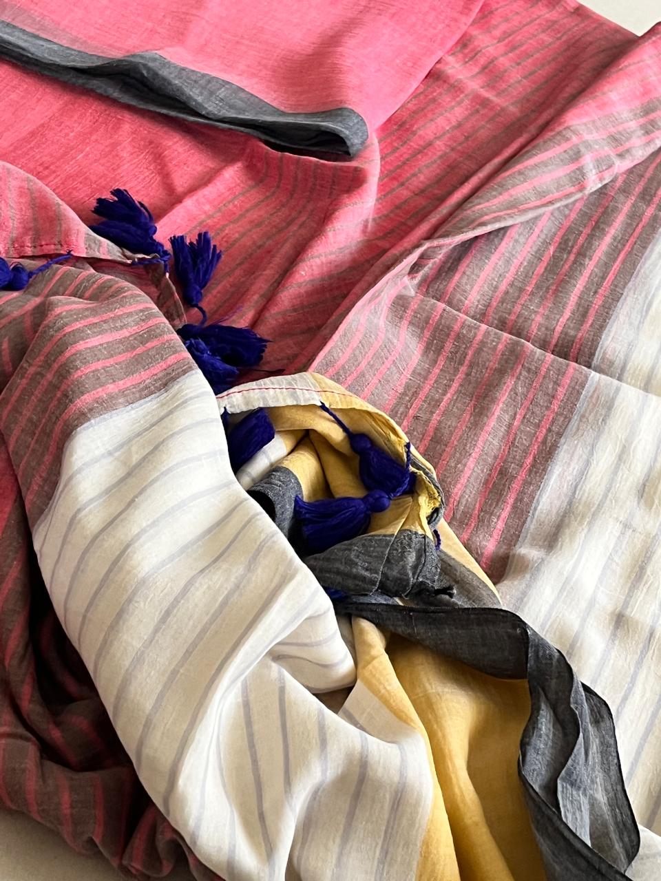 Soft and comfortable Pure Mul Mul Striped Saree - Multicolour