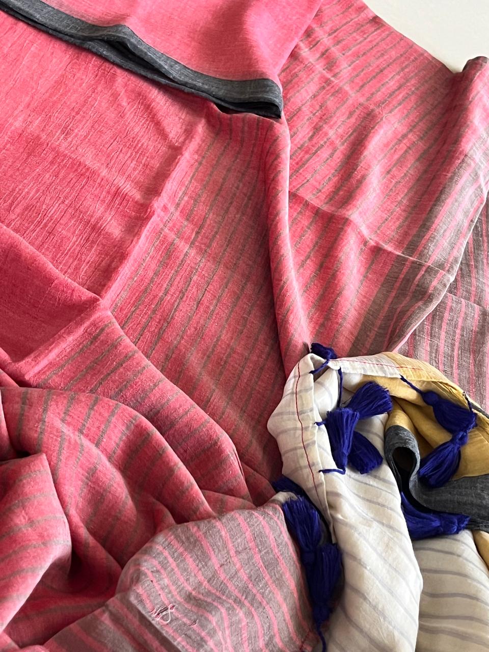 Soft and comfortable Pure Mul Mul Striped Saree - Multicolour